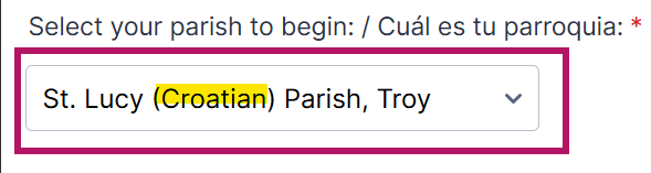 Survey parish dropdown showing St. Lucy (Croatian) Parish, Troy highlighted