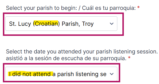 Survey showing the St. Lucy (Croatian) Parish, Troy option selected, and the date dropdown set to 'I did not attend a parish listening session'